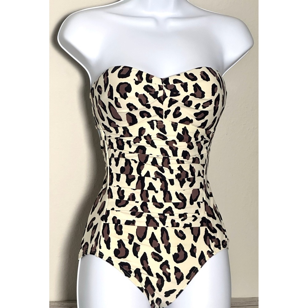 DKNY Women's Bandeau One Piece Swimsuit Size 4 Ivory Brown Black - Picture 12 of 16
